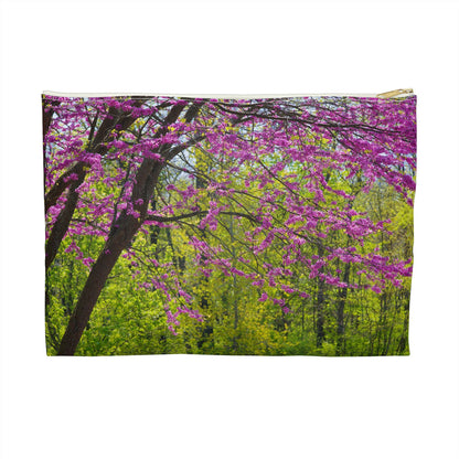 Front view of the large 12 x 8.75 inch pouch with tree blossoms design and white zipper.