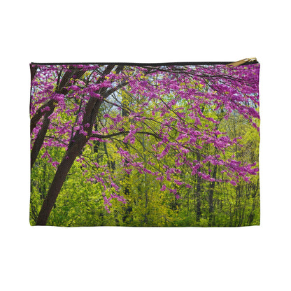Front view of the small 8.5 x 6 inch pouch with tree blossoms design and black zipper.