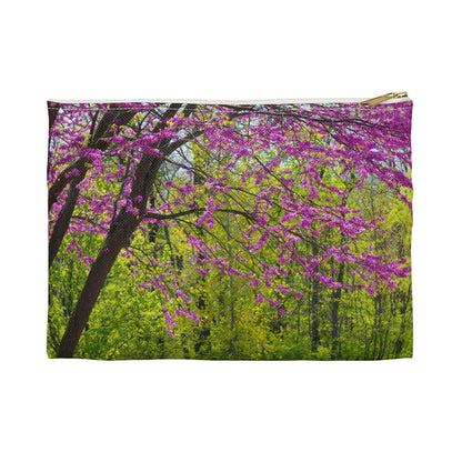 Front view of the small 8.5 x 6 inch pouch with tree blossoms design and white zipper.