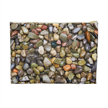 Front view of the large 12 x 8.75 inch pouch with pebbles and stones design and white zipper.