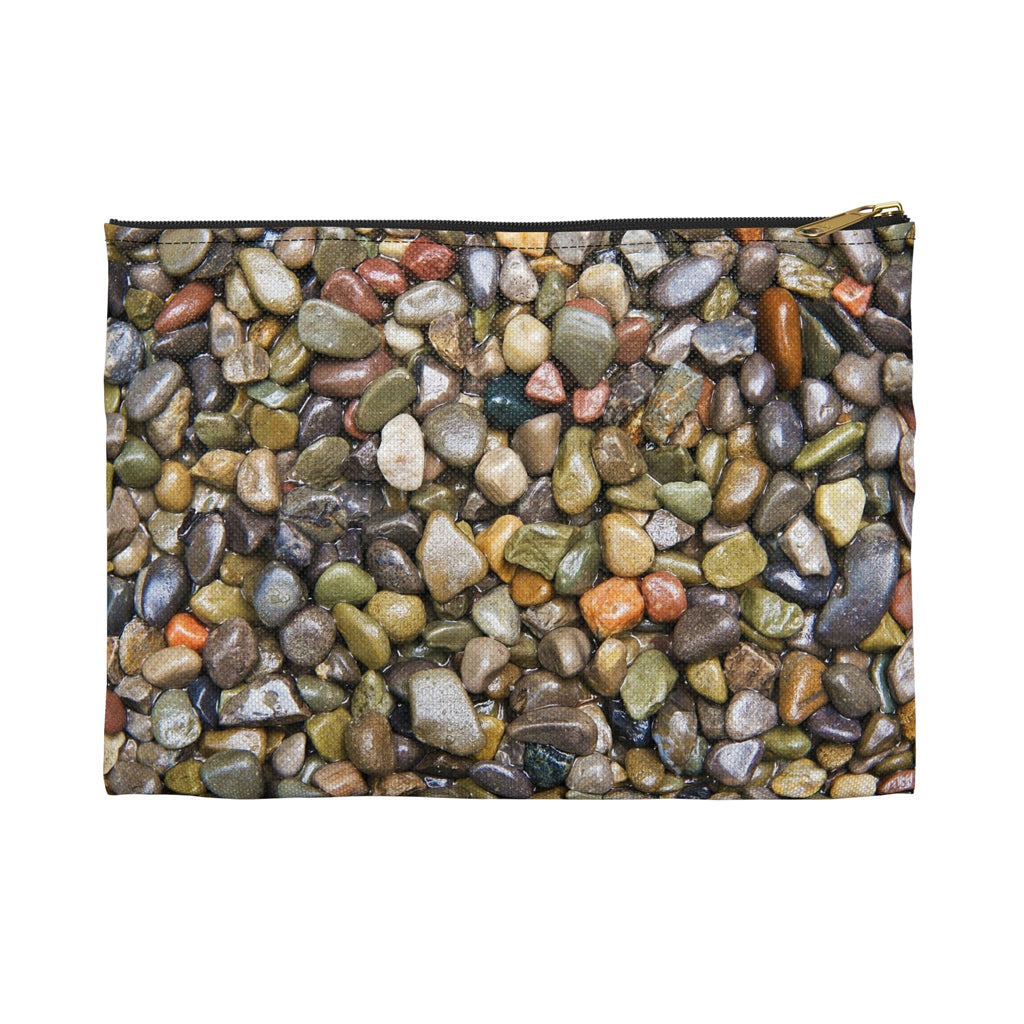 Front view of the small 8.5 x 6 inch pouch with pebbles and stones design and black zipper.