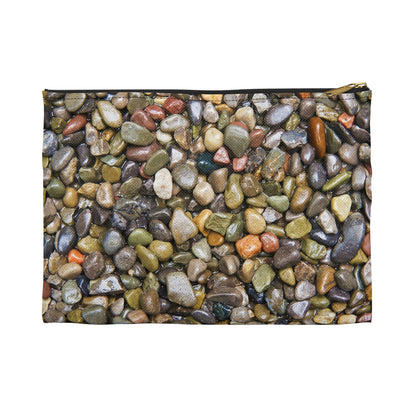 Front view of the small 8.5 x 6 inch pouch with pebbles and stones design and black zipper.
