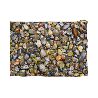 Front view of the small 8.5 x 6 inch pouch with pebbles and stones design and white zipper.