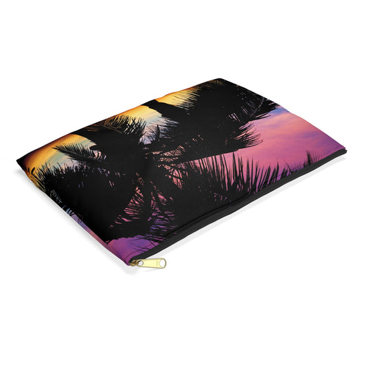 Small pouch with intense sunset design lying flat, showcasing the slim profile feature.