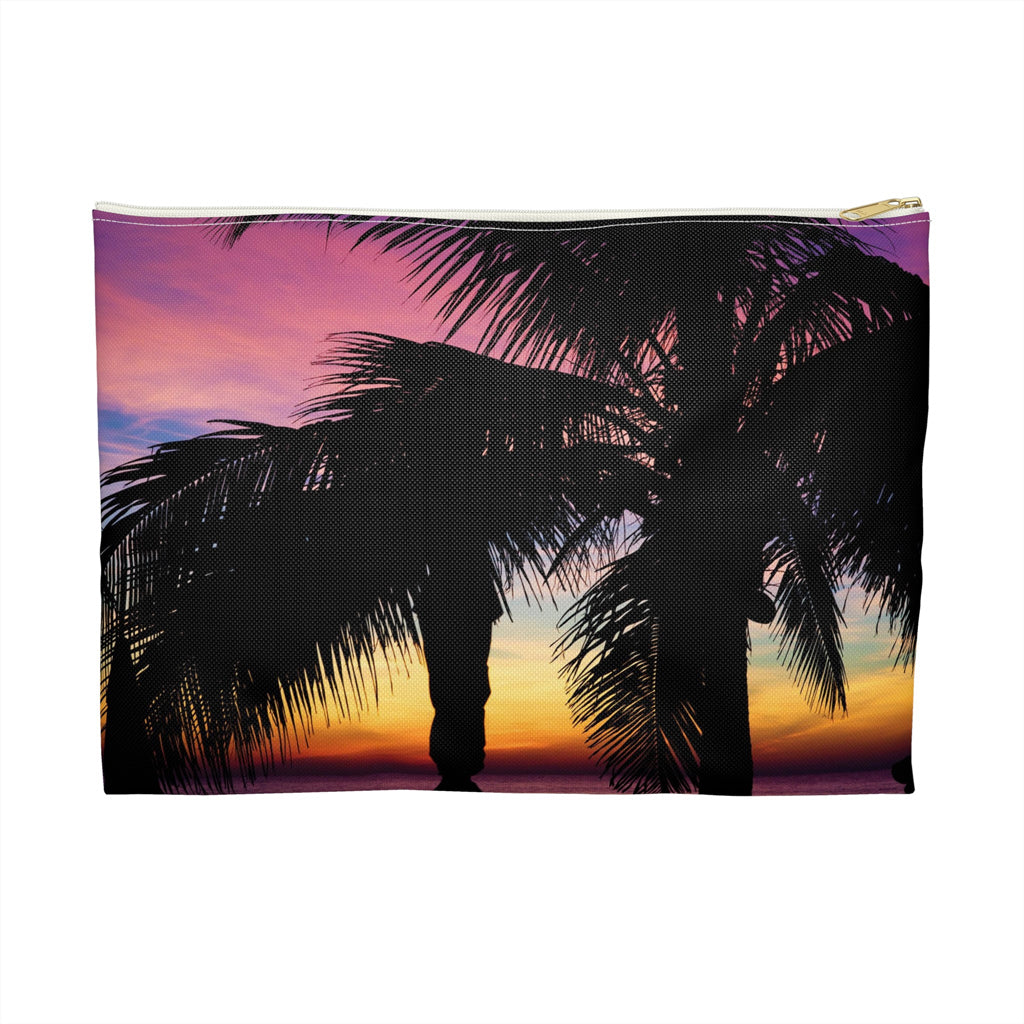 Front view of the large 12 x 8.75 inch pouch with intense sunset design and white zipper.
