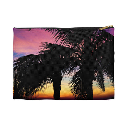 Front view of the small 8.5 x 6 inch pouch with intense sunset design and black zipper.
