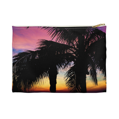 Front view of the small 8.5 x 6 inch pouch with intense sunset design and white zipper.