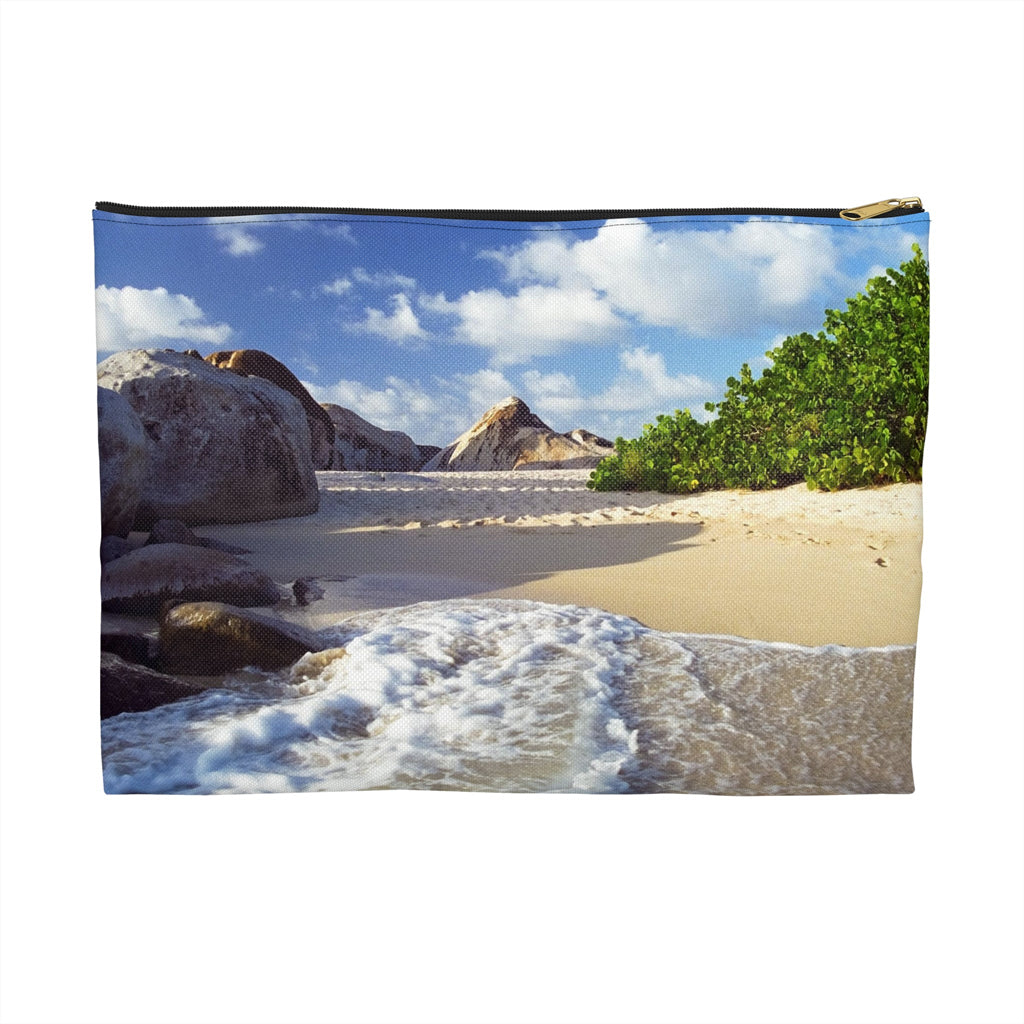 Front view of the large 12 x 8.75 inch pouch with beach surf design and black zipper.