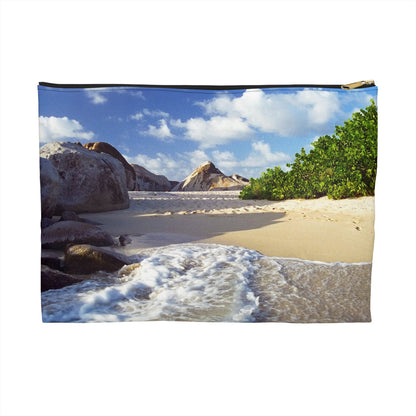 Front view of the large 12 x 8.75 inch pouch with beach surf design and black zipper.