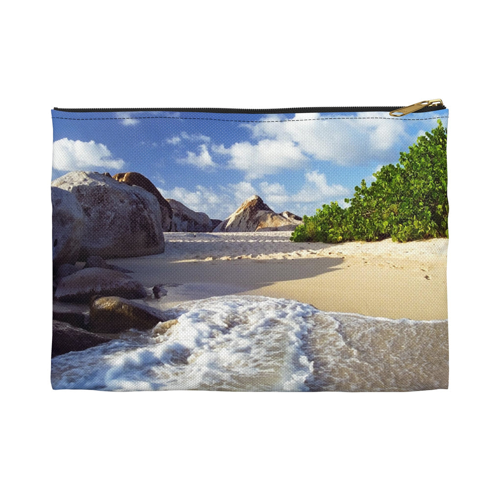 Front view of the small 8.5 x 6 inch pouch with beach surf design and black zipper.