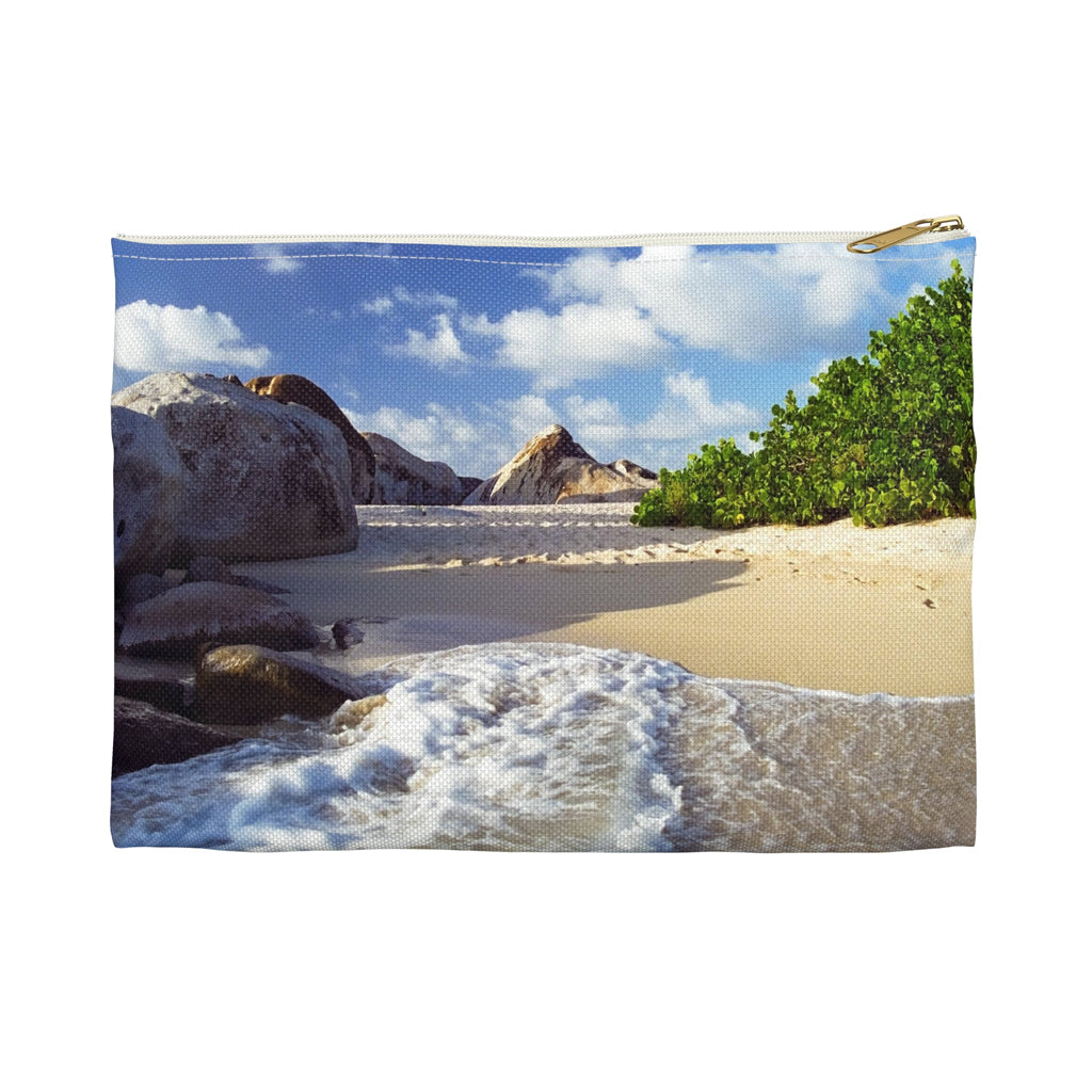 Front view of the small 8.5 x 6 inch pouch with beach surf design and white zipper.