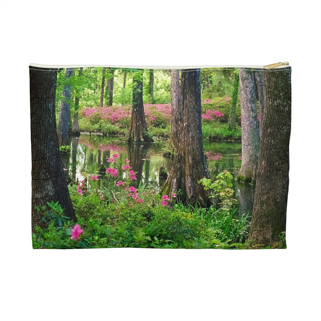 Front view of the large 12 x 8.75 inch pouch with wetland design and white zipper.