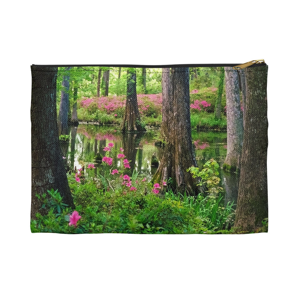 Front view of the small 8.5 x 6 inch pouch with wetland design and black zipper.