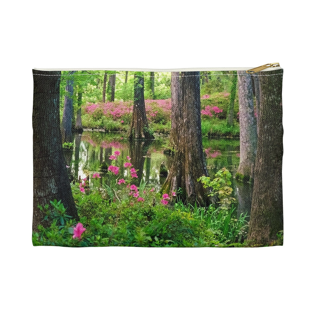 Front view of the small 8.5 x 6 inch pouch with wetland design and white zipper.