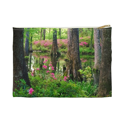 Front view of the small 8.5 x 6 inch pouch with wetland design and white zipper.