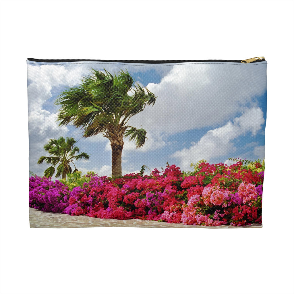 Front view of the large 12 x 8.75 inch pouch with tropical flowers design and black zipper.