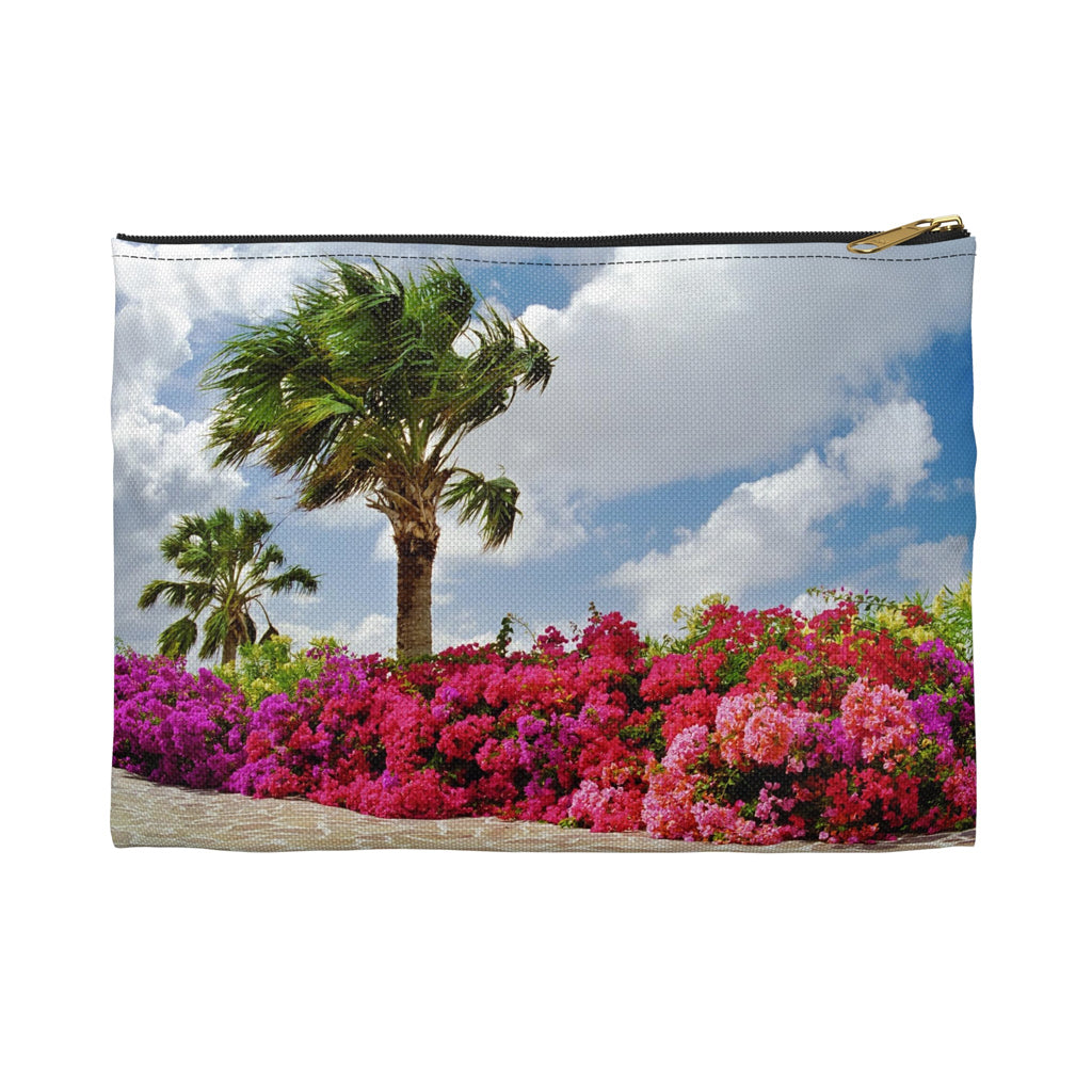 Front view of the small 8.5 x 6 inch pouch with tropical flowers design and black zipper.