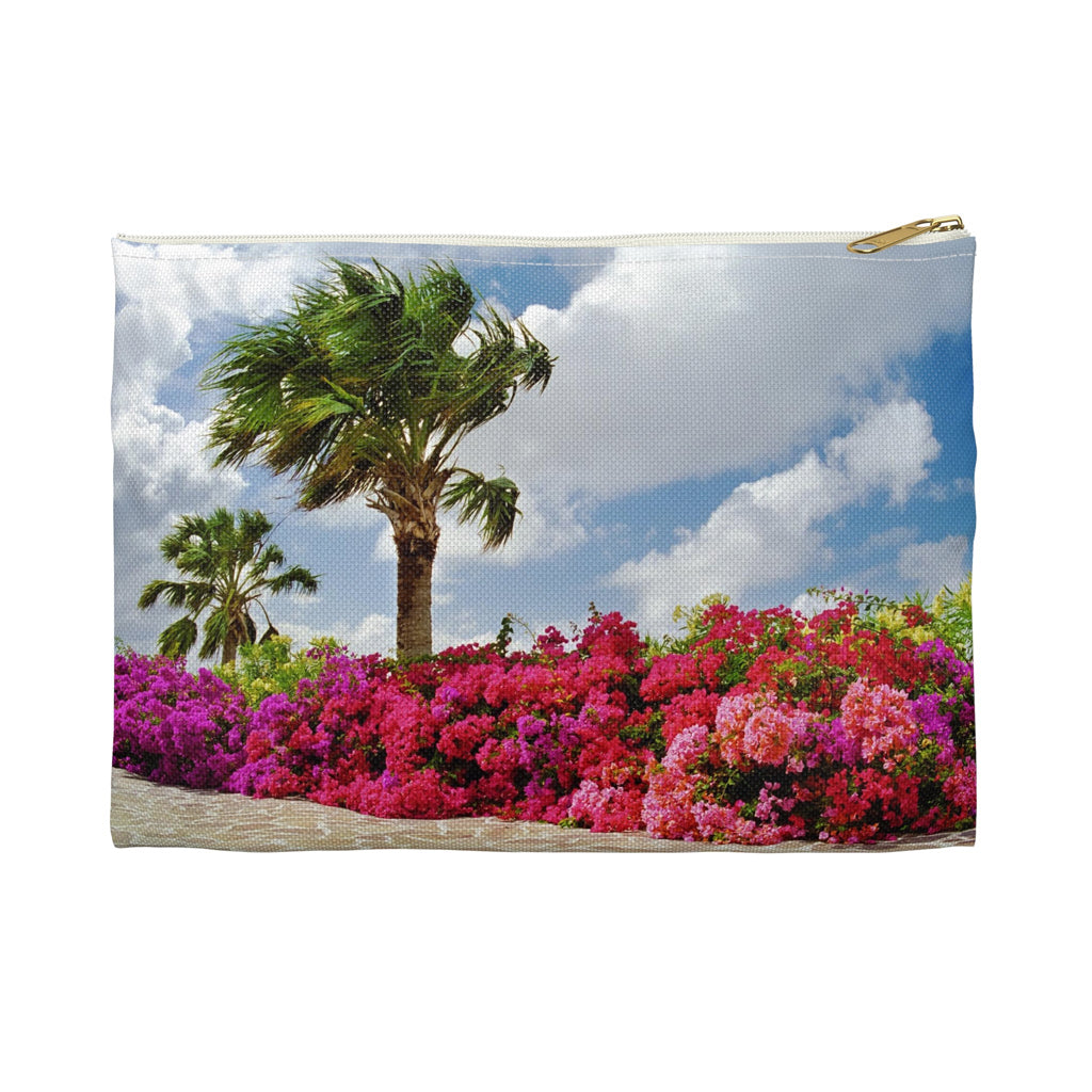Front view of the small 8.5 x 6 inch pouch with tropical flowers design and white zipper.