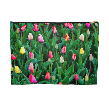 Zippered accessory pouch featuring vibrant photo art close up of multi colored tulip buds days from full bloom.