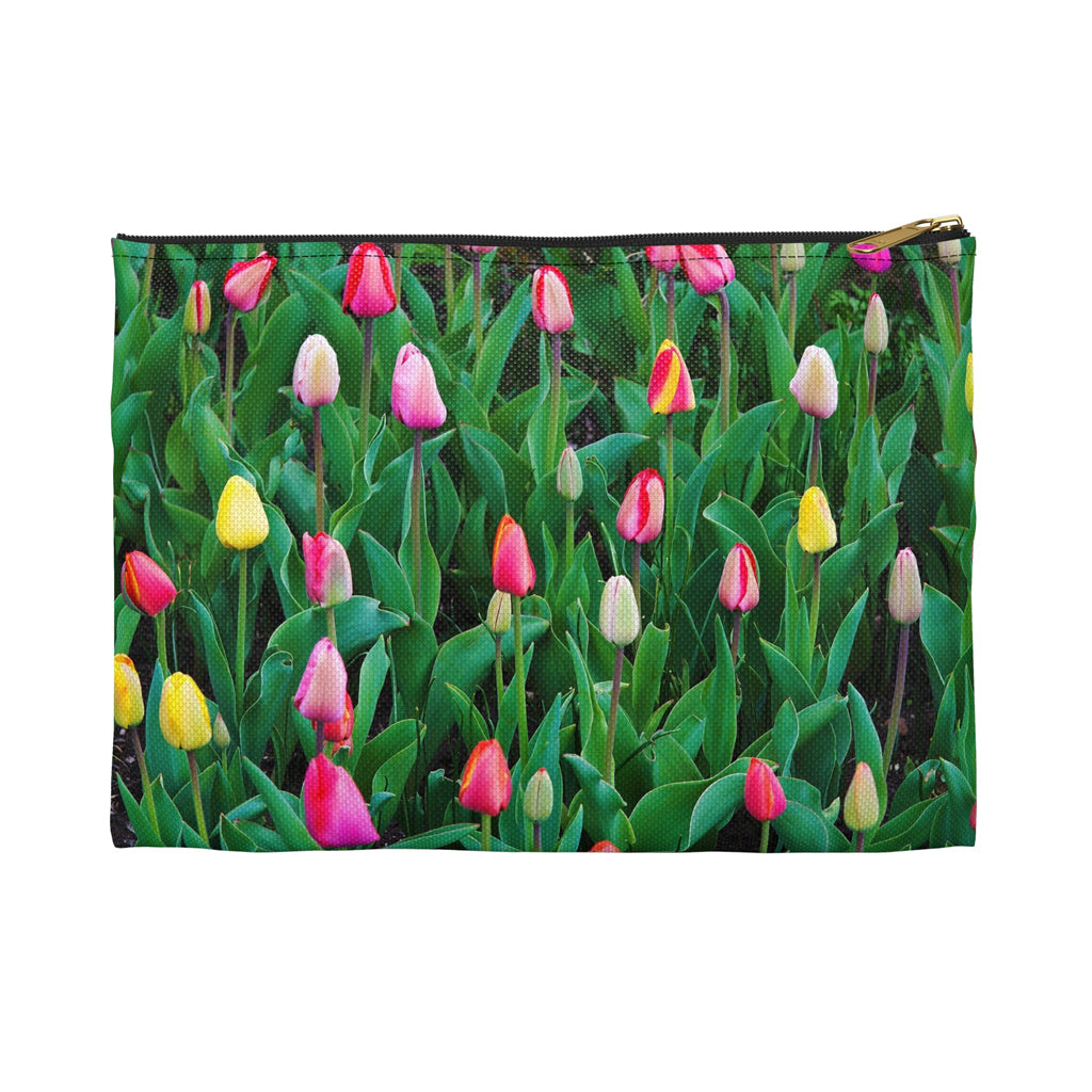 Front view of the small 8.5 x 6 inch pouch with multi colored tulips design and black zipper.