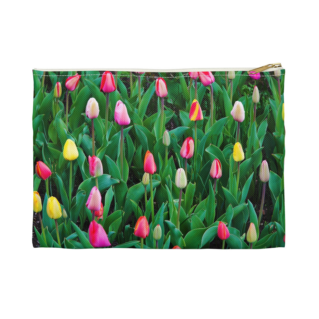 Front view of the small 8.5 x 6 inch pouch with multi colored tulips design and white zipper.