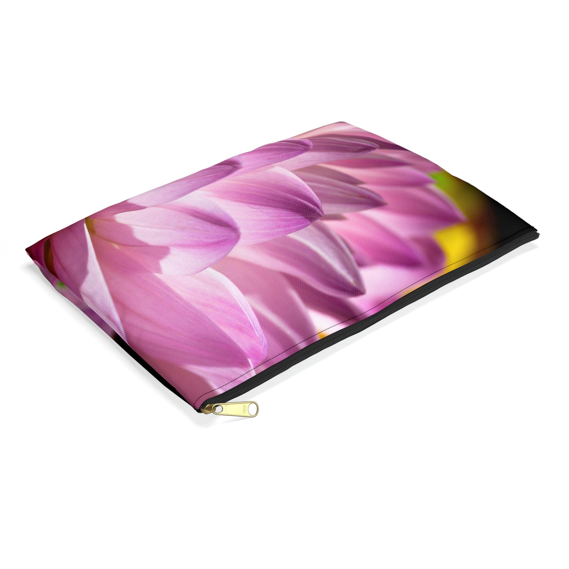 Small pouch with flower petals design lying flat, showcasing the slim profile feature.