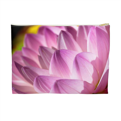 Front view of the large 12 x 8.75 inch pouch with flower petals design and white zipper.