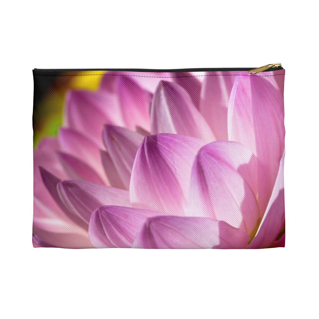 Front view of the small 8.5 x 6 inch pouch with flower petals design and black zipper.