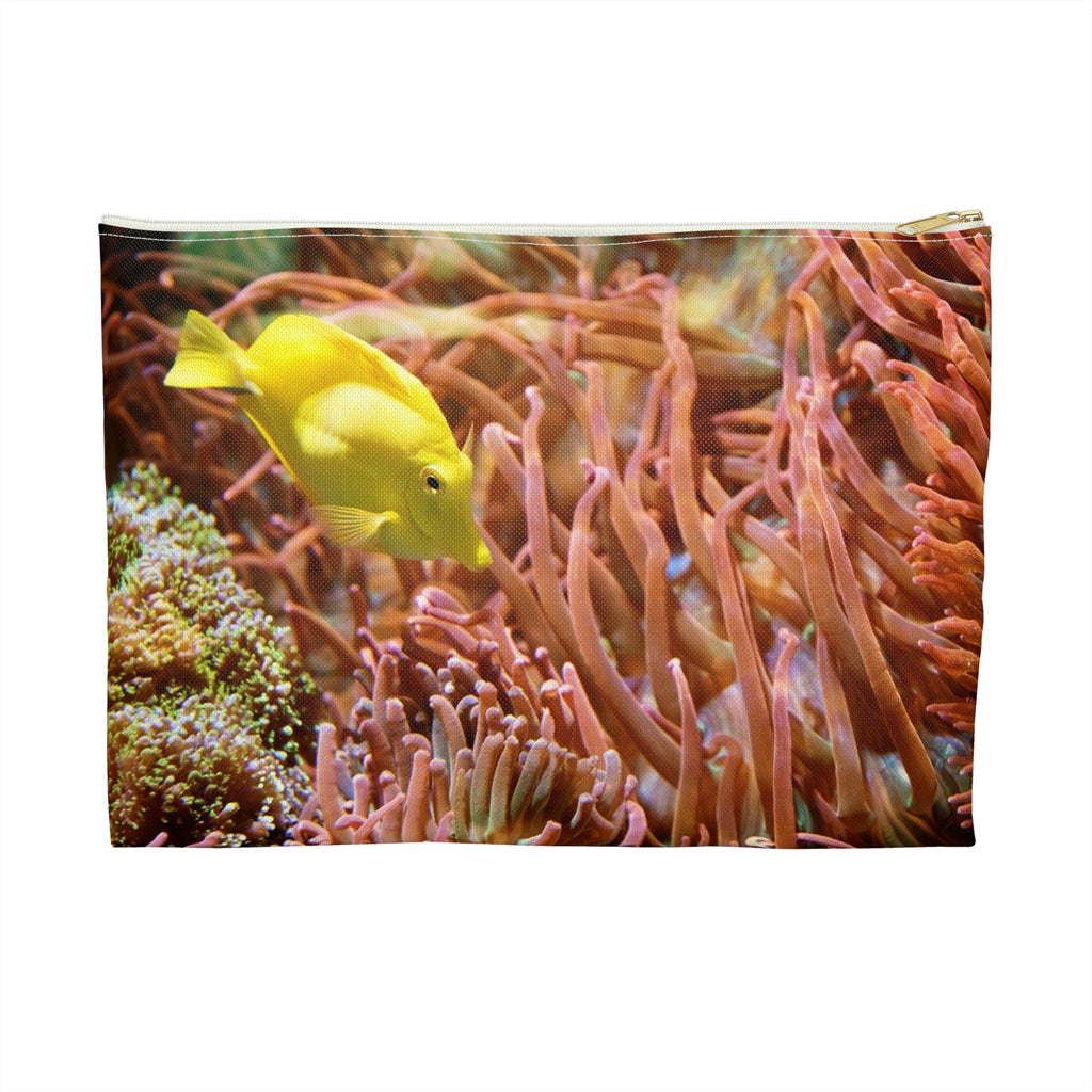 Front view of the large 12 x 8.75 inch pouch with yellow fish design and white zipper.