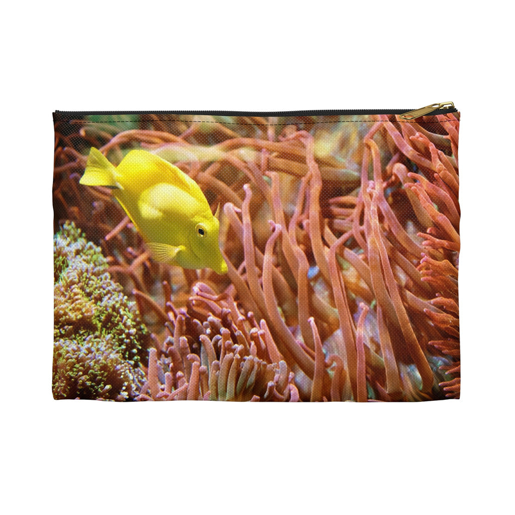 Front view of the small 8.5 x 6 inch pouch with yellow fish design and black zipper.