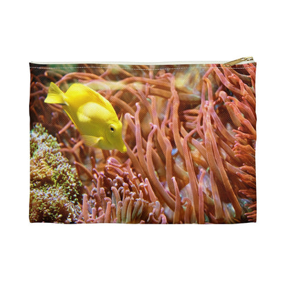 Front view of the small 8.5 x 6 inch pouch with yellow fish design and white zipper.