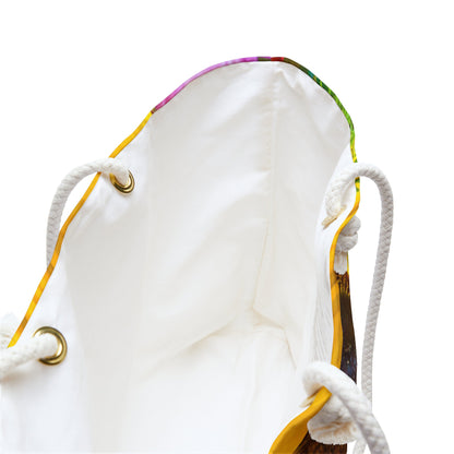 A close up view of the beach bag with flower bouquet design shows the braided rope handles with metal grommets.