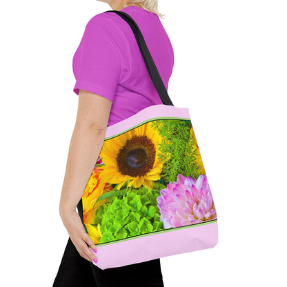 Young woman with a tote bag featuring the flower bouquet design draped across her shoulder.