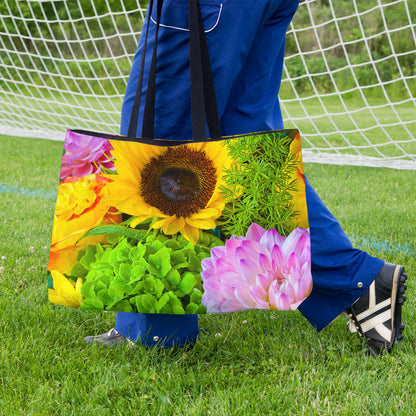A soccer player carrying a weekender bag featuring the flower bouquet design onto the practice field.