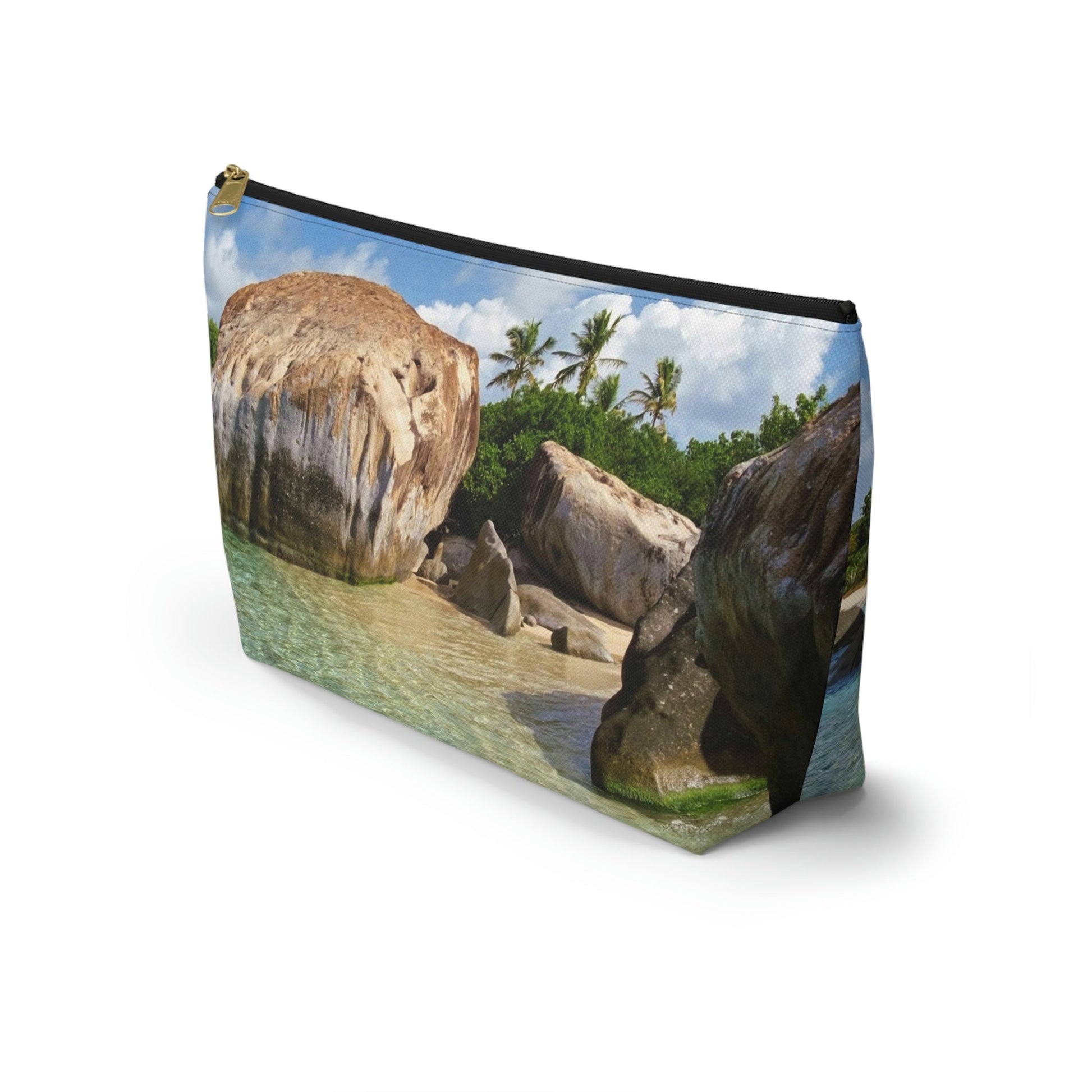 Front view of the kit bag with calm turquoise water design angled to showcase the depth and all over print design.
