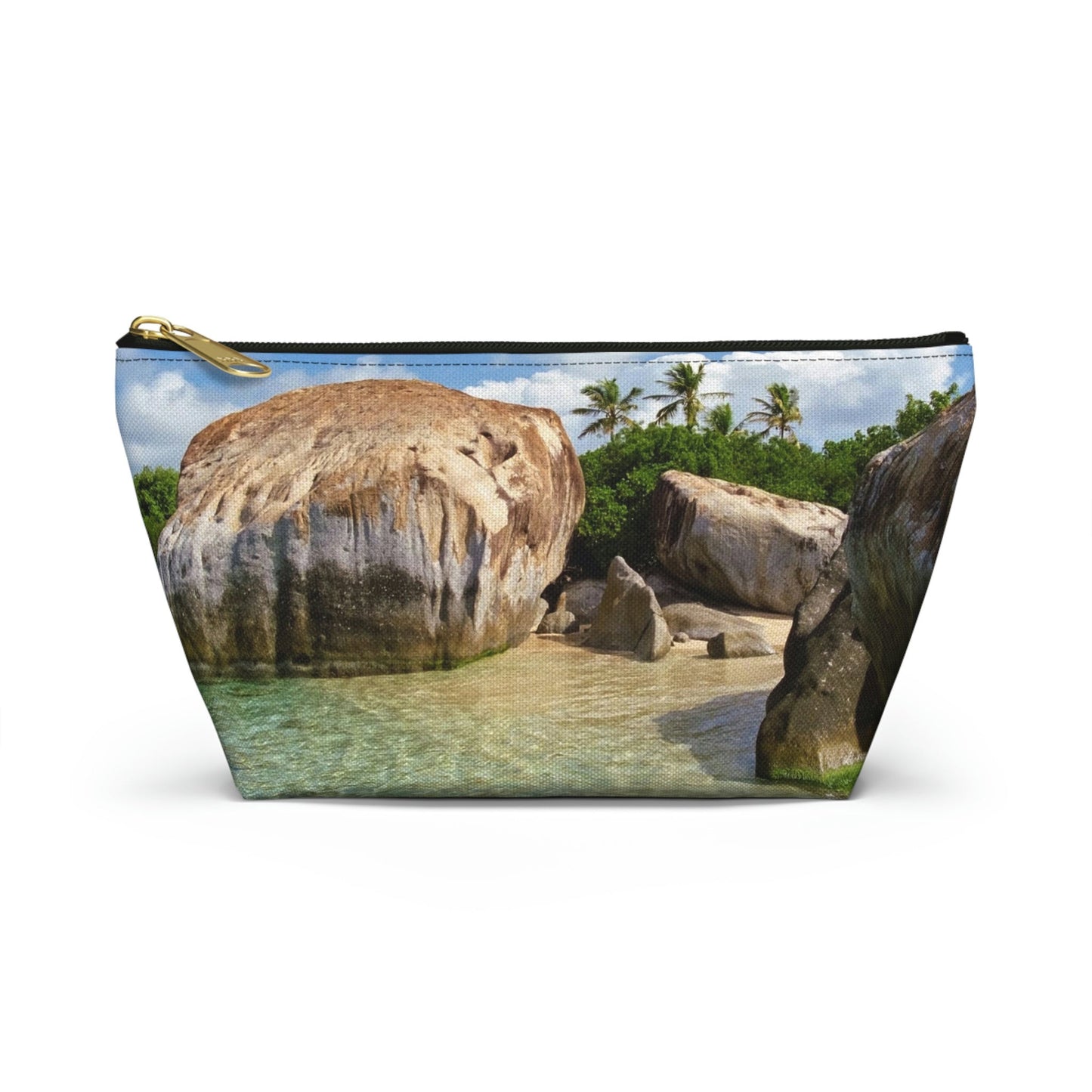 Front view of the small 8.75 x 4.75 x 2.25 inch kit bag with calm turquoise water design and black zipper.