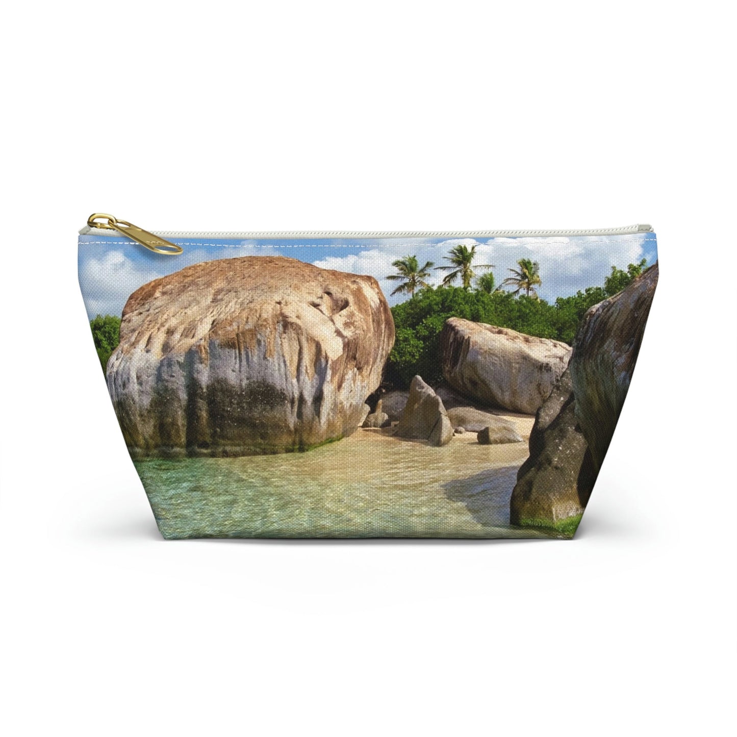 Front view of the small 8.75 x 4.75 x 2.25 inch kit bag with calm turquoise water design and white zipper.