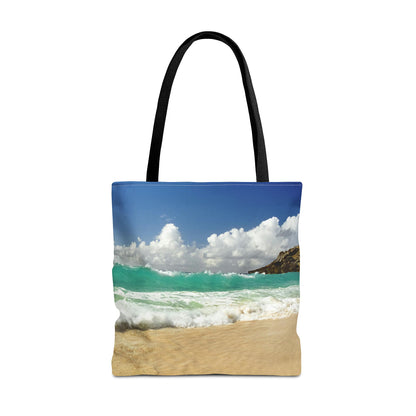 Large 18 x 18 inch tote bag featuring vibrant photo art of a vast turquoise Caribbean wave cresting about to crash on to the beach. 