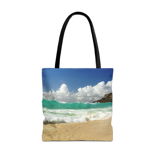 Large 18 x 18 inch tote bag featuring vibrant photo art of a vast turquoise Caribbean wave cresting about to crash on to the beach. 