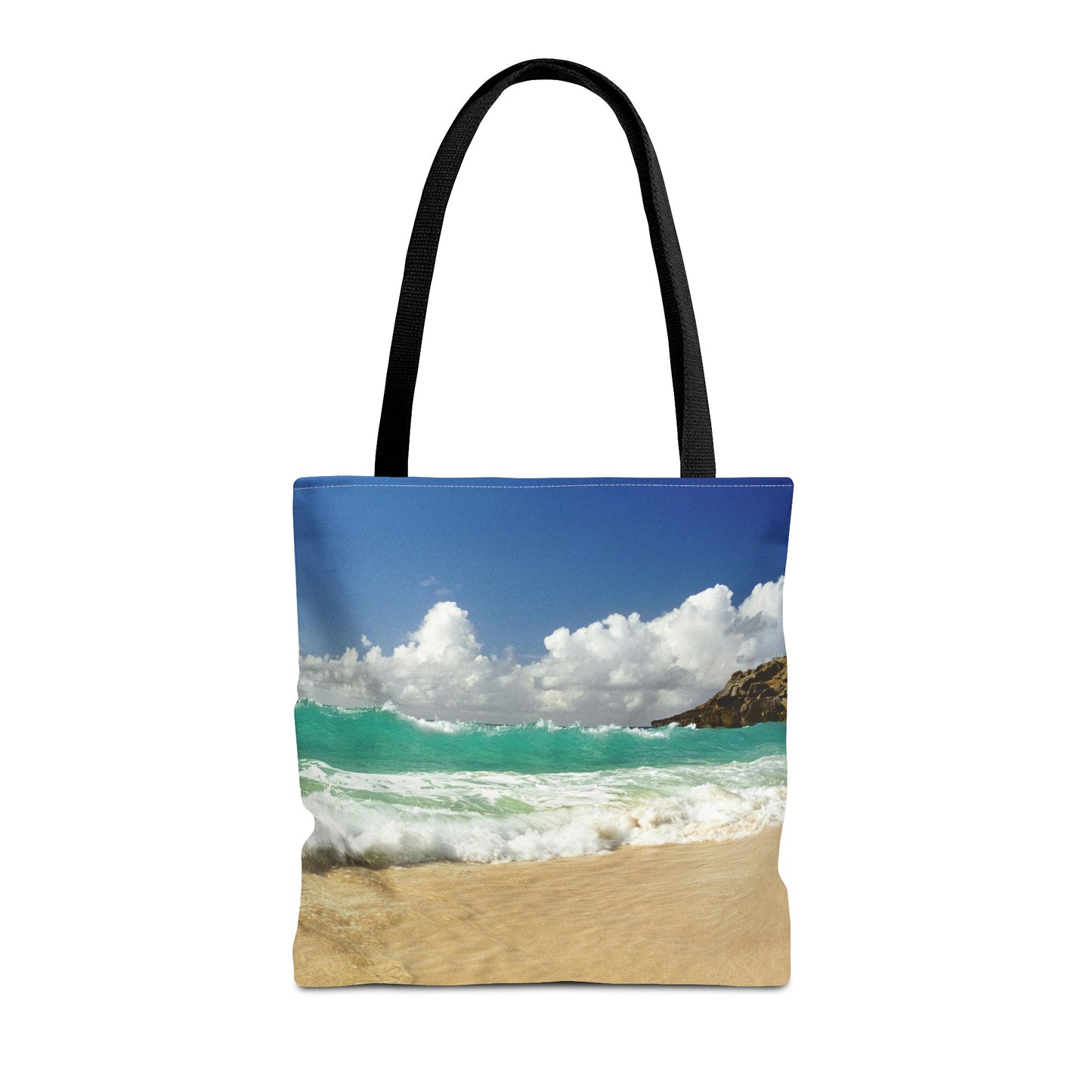 Front view of the medium 16 x 16 inch tote bag with the crashing waves design.