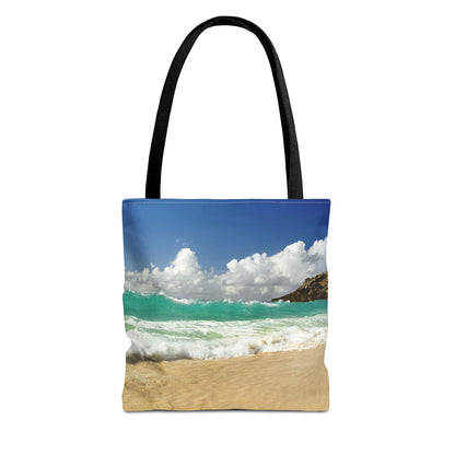 Front view of the small 13 x 13 inch tote bag with the crashing waves design.
