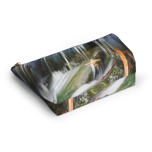Bottom view of the kit bag with creek waterfall design angled to showcase the depth and all over print design.