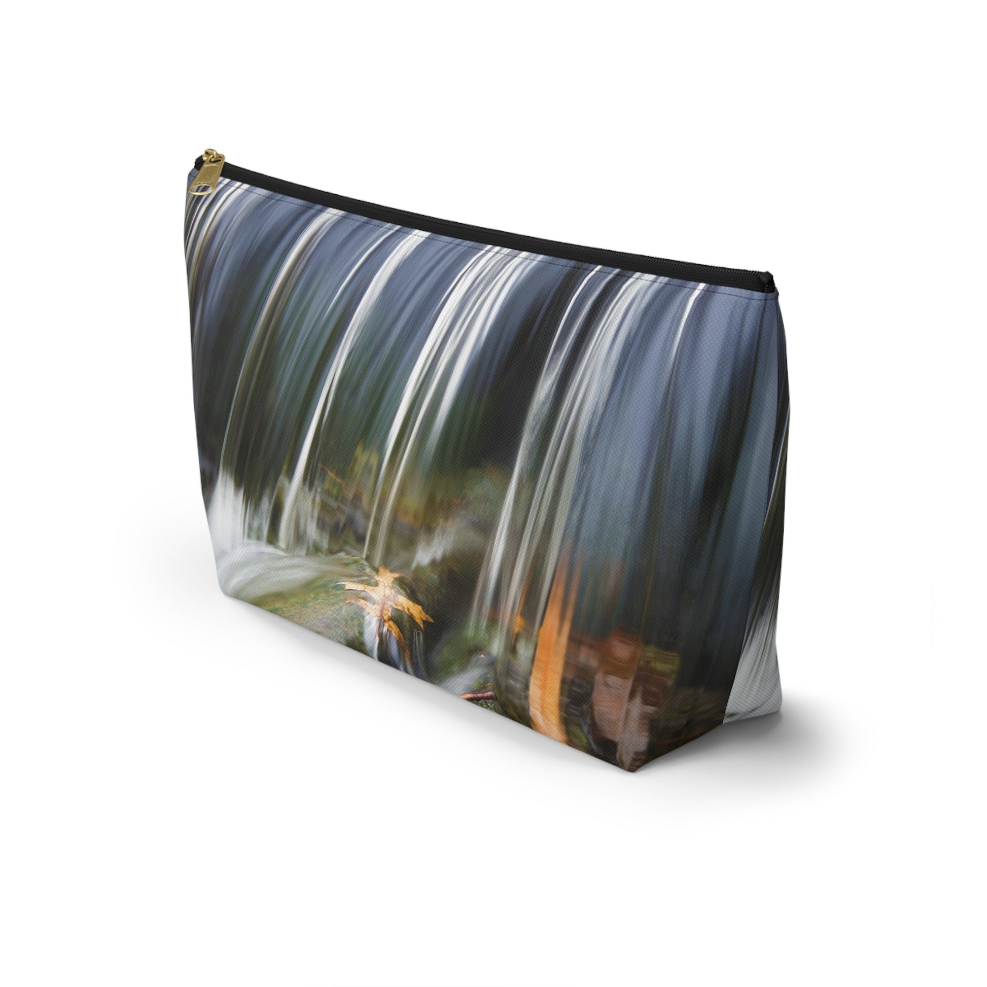 Front view of the kit bag with creek waterfall design angled to showcase the depth and all over print design.
