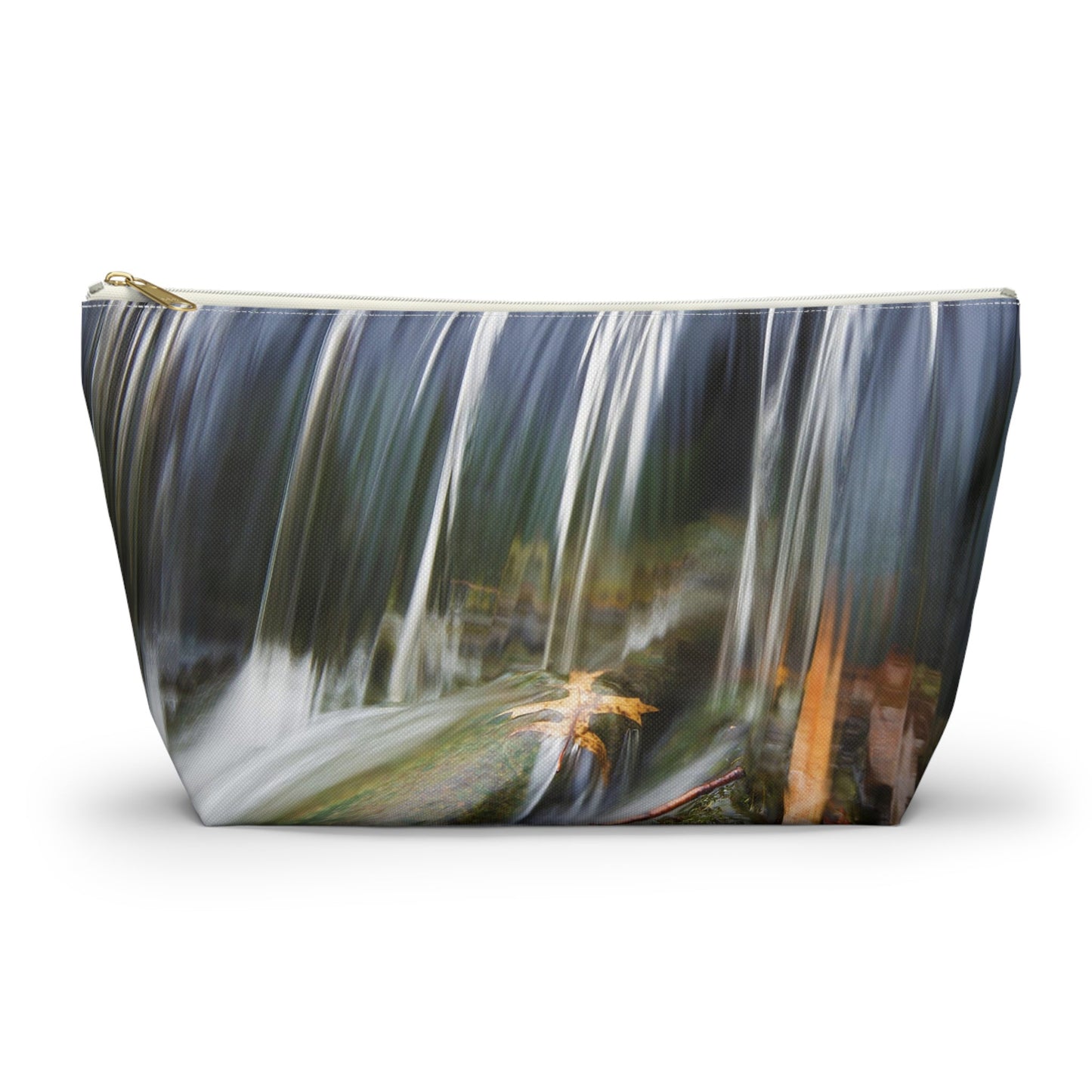 Front view of the large 12.5 x 7.25 x 3.25 inch kit bag with creek waterfall design and white zipper.
