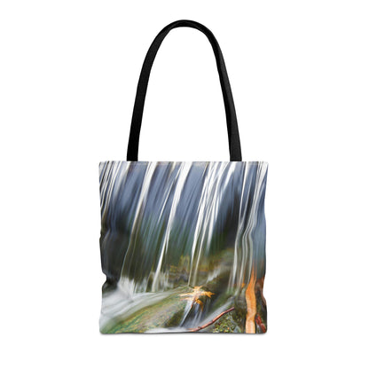 Front view of the medium 16 x 16 inch tote bag with the creek waterfall design.