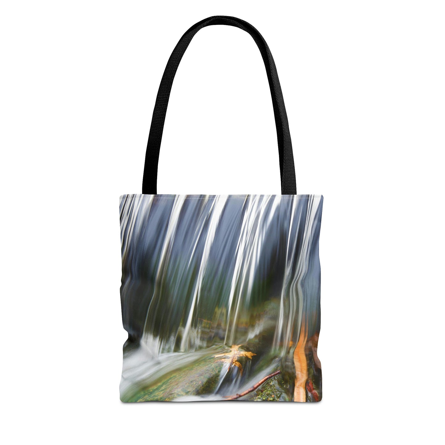 Front view of the small 13 x 13 inch tote bag with the creek waterfall design.