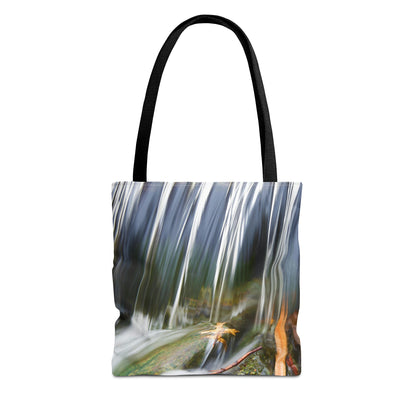 Front view of the small 13 x 13 inch tote bag with the creek waterfall design.