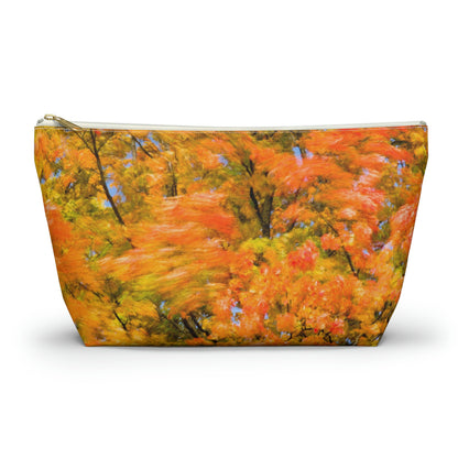 Front view of the large 12.5 x 7.25 x 3.25 inch kit bag with fall colored trees design and white zipper.
