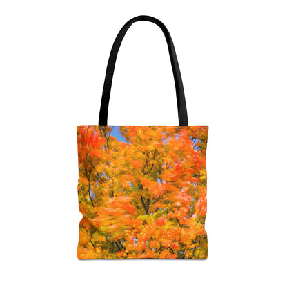 Front view of the medium 16 x 16 inch tote bag with the fall colored trees design.