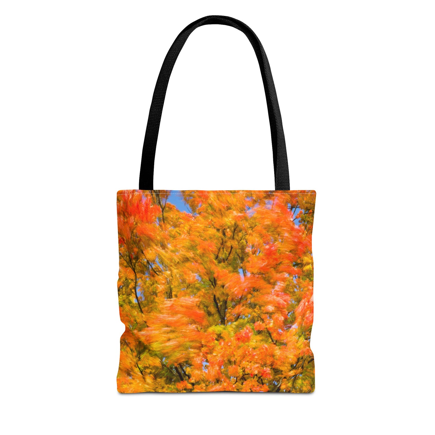 Front view of the small 13 x 13 inch tote bag with the fall colored trees design.